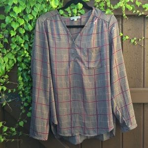 Pleione Brown and Red Plaid Career Style Top